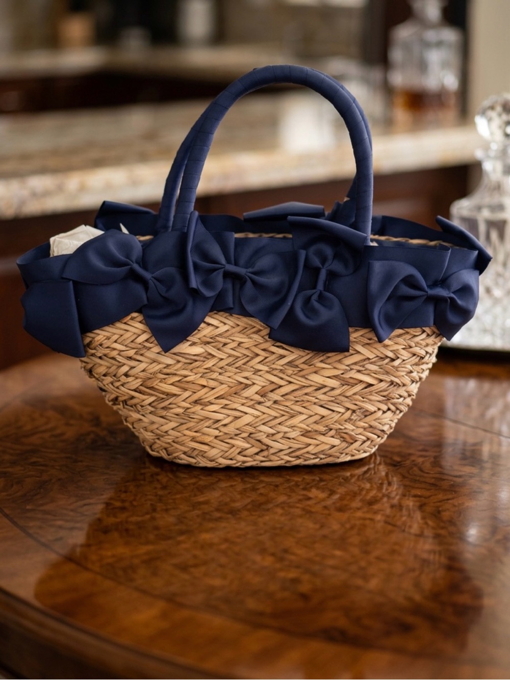 Cappelli Straworld Cute Woven Straw Tote with Navy Bow Trim 7”x14”